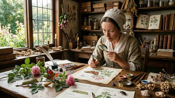 Maria Sibylla Merian bestudeert planten en insecten voor haar wetenschappelijke illustraties
