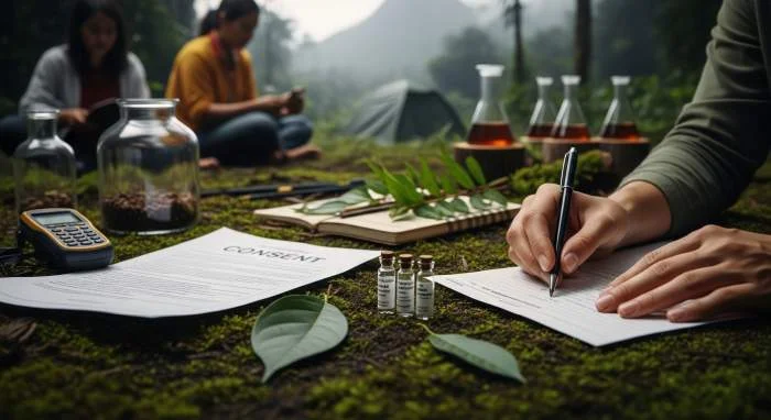 Moderne botanici verzamelen plantmonsters in het veld voor medicijnonderzoek