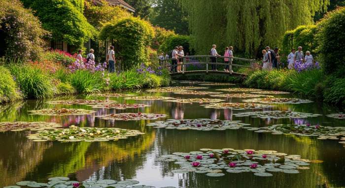 Bezoekers wandelen door Monets levende tuin vol waterlelies, licht en reflecties