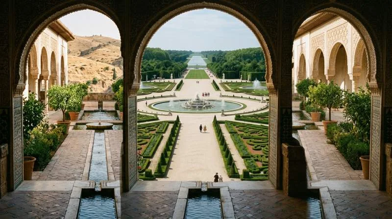 Moorse watertuin met fonteinen en beplanting in de Generalife van het Alhambra