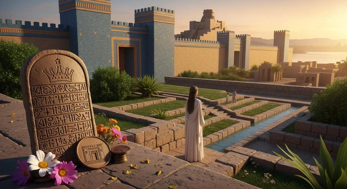 Nebukadnessar en Amytis staan bij legendarische tuinen en de Ishtar-poort