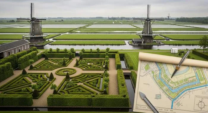 Geometrische renaissance-tuin met rechte lijnen en polders op de achtergrond