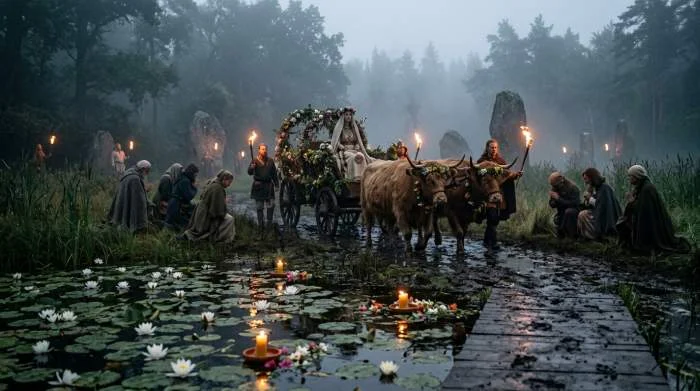 Nerthus-processie met waterlelies