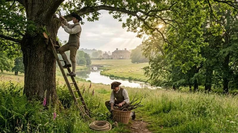 Tuinman snoeit een oude eik in een Engelse landschapstuin om zichtlijnen open te houden