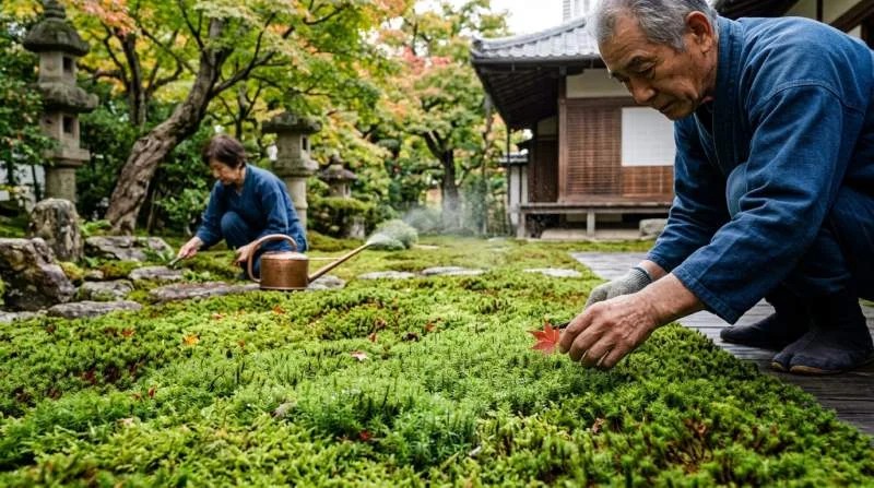 Tuinman verzorgt mos in Kyoto