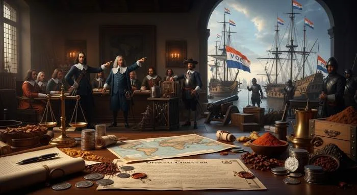 VOC-bestuurders en schepen symboliseren Nederlandse macht in de wereldwijde specerijenhandel
