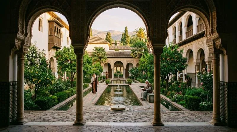 Paleispatio van het Alhambra opent naar een groene Moorse tuin met fonteinen en cipressen