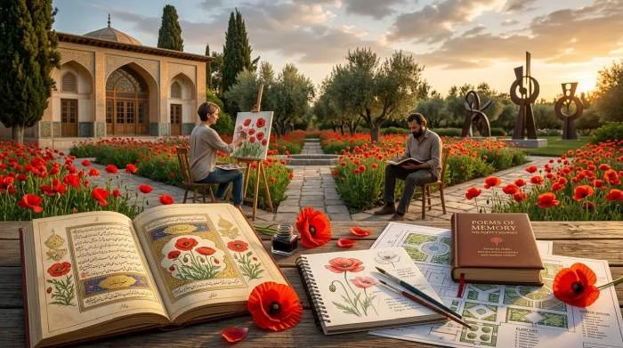 Papavers naast Perzische miniatuur en modern kunstwerk