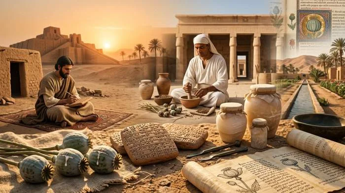 Papavers naast Sumerische kleitabletten en Egyptische voorwerpen in museumopstelling