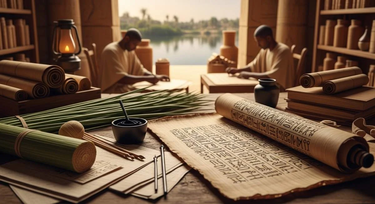 Egyptische schrijvers maken papyrusrollen