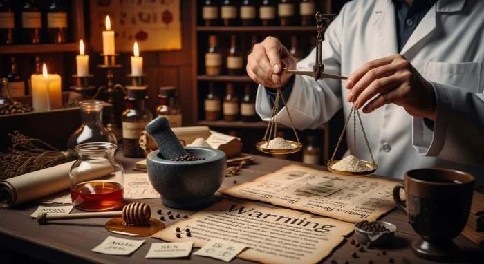 Middeleeuwse arts meet peper, honing en wijn zorgvuldig af voor een patiënt