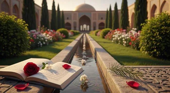 Perzische tuin met poëzie, waterkanalen en bloemen symboliseert spirituele harmonie en betekenis