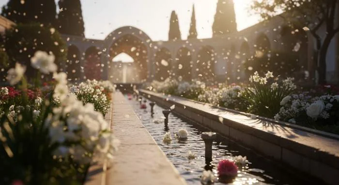 Geurende bloemen en stromend water vullen een koninklijke Perzische tuin bij dageraad