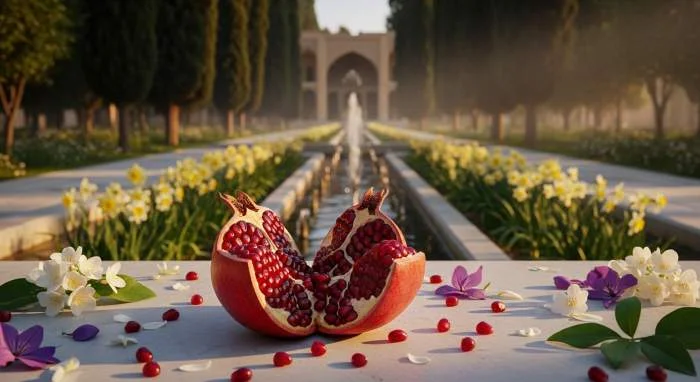 Granaatappels, cipressen en bloemen symboliseren vruchtbaarheid en spiritualiteit in een Perzische tuin
