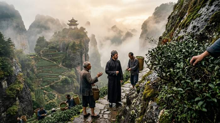 Theeplukkers in mistige Wuyi bergen met eeuwenoude theeplanten