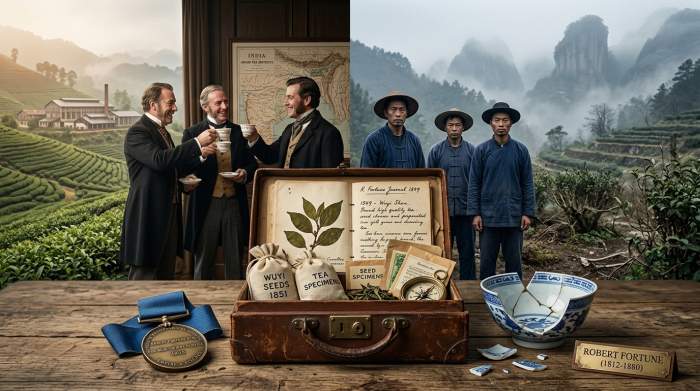 Robert Fortune met een theekist en Chinese kleding tijdens zijn spionagemissie