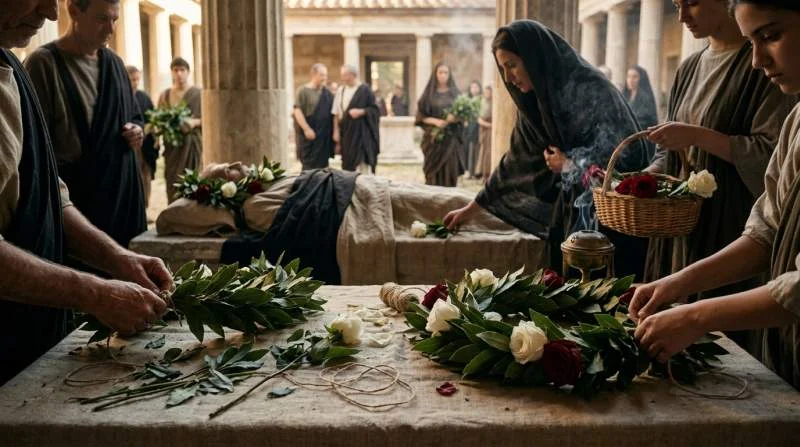 Rozen en laurier als eerbetoon bij een Romeinse uitvaart