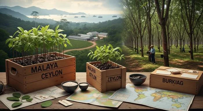Rubberzaailingen groeien uit tot efficiënte plantages in Britse kolonies in Azië