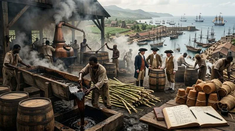 Rumvaten naast een koloniale suikermolen op een Caribische plantage