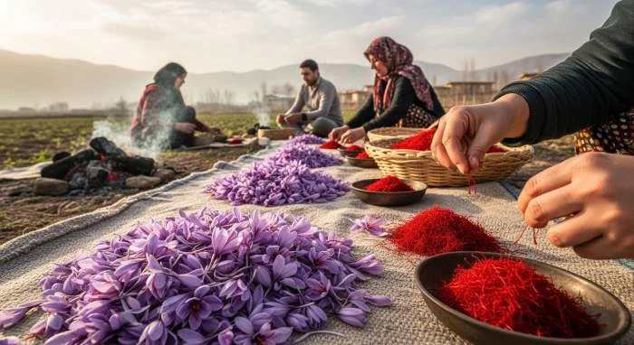 Iraanse families plukken en drogen saffraan in Khorasan bij zonsopgang