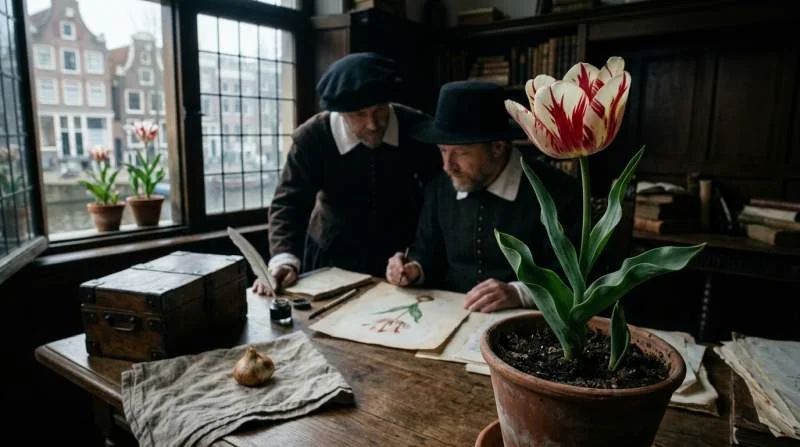 Historische Semper Augustus tulp met witte bloem en rode strepen uit de jaren 1630