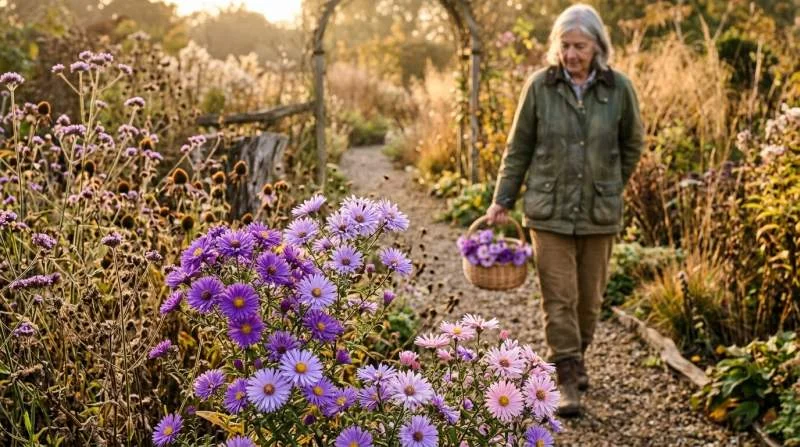 Paarse en roze asters bloeien in een herfsttuin