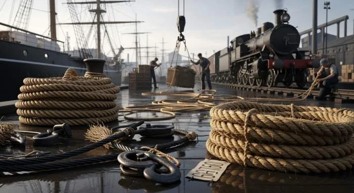 Sisaltouwen op een houten scheepskade en langs spoorrails