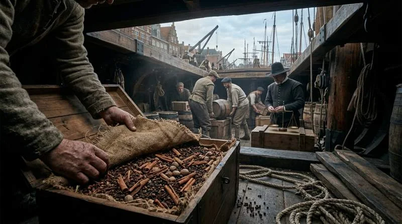 Gedroogde specerijen zoals peper en kruidnagel in het ruim van een VOC-schip