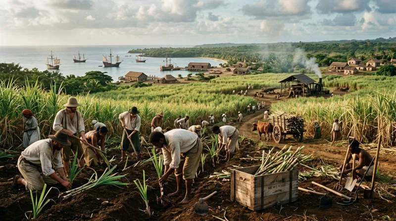 Vroege suikerrietteelt in het Caribisch gebied, met tot slaaf gemaakte arbeiders op een plantage
