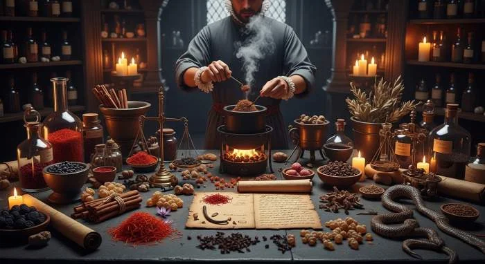 Zeldzame ingrediënten voor theriak: saffraan, mirre, vipervlees en opium op een houten tafel