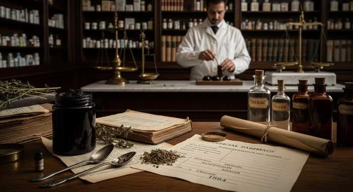 Fles met het laatste theriak uit 1884 in een oude apotheek