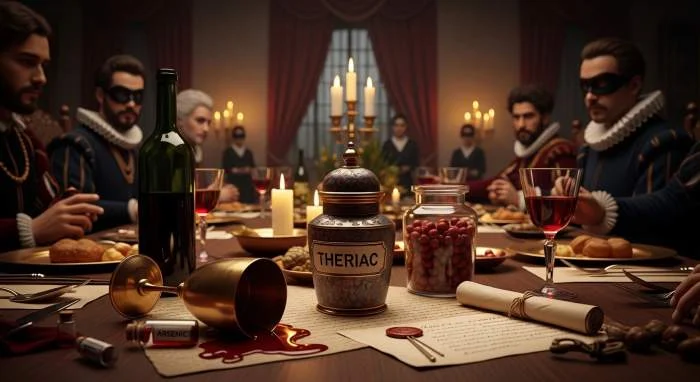 Theriak elixer in een gouden beker op een renaissance banket met koninklijke gasten
