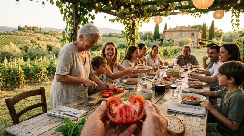 Italiaanse familie eet verse tomaten