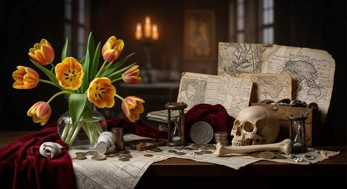 Tulpen, schedel en kaarslicht symboliseren vergankelijkheid tijdens de Nederlandse Gouden Eeuw