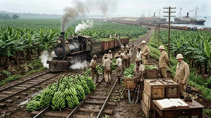 Arbeiders laden bananen op treinwagons langs een spoorlijn in Midden-Amerika