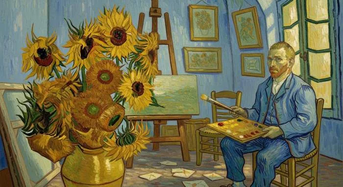 Zonnebloemen in atelier van Van Gogh
