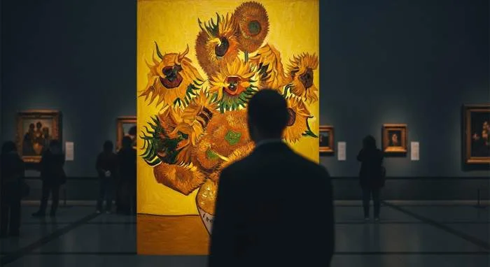 Kijker voor meerdere zonnebloemschilderijen in geel en blauw van Van Gogh