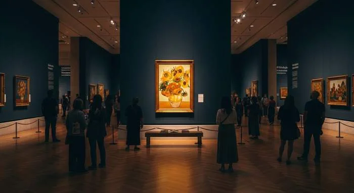 Bezoekers bekijken Van Goghs zonnebloemschilderij in museumzaal