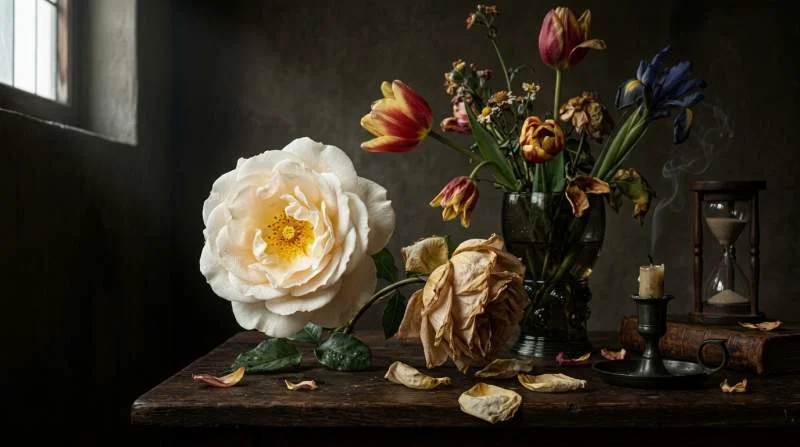 Verwelkende roos met zowel bloeiende als gevallen blaadjes, vanitas-symbool van vergankelijkheid