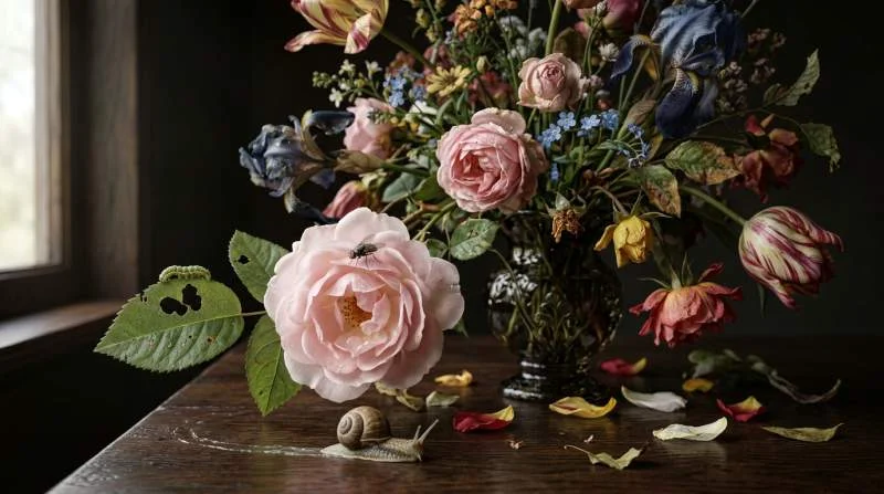 Vlieg, rups en slak op verwelkende bloemen als symbool van bederf in vanitas-schilderij