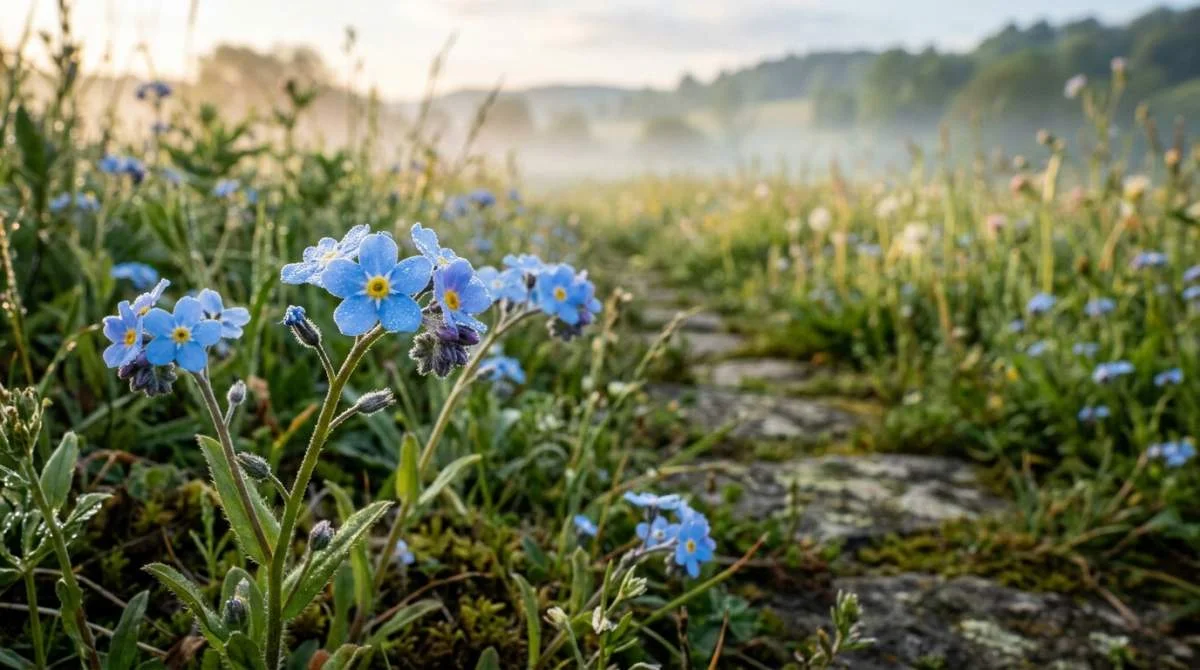 Blauw vergeet-mij-nietje met dauw