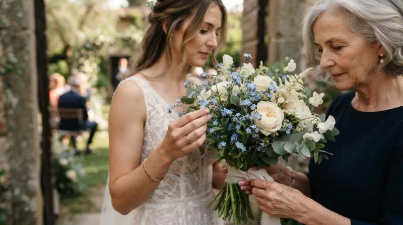 Klein vergeet-mij-nietje als accent tussen grotere bloemen in een bruidsboeket