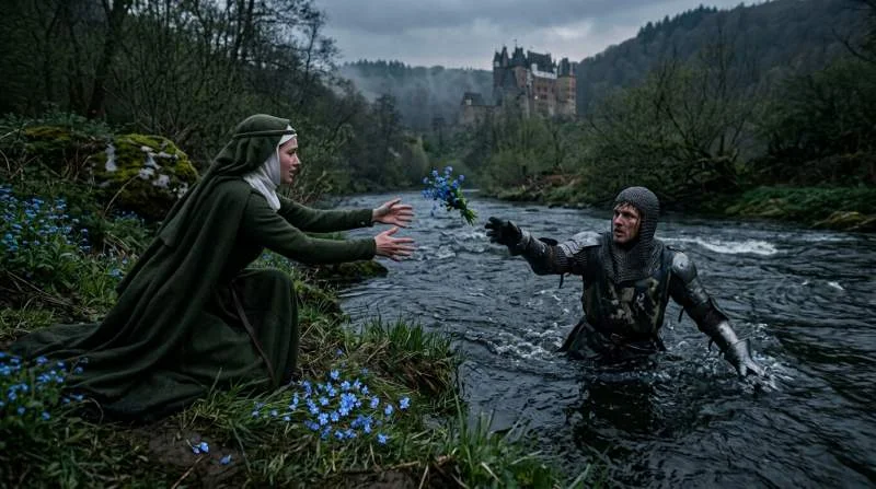 Ridder in wapenrusting werpt blauwe vergeet-mij-nietjes naar oever terwijl hij wegzinkt in rivier
