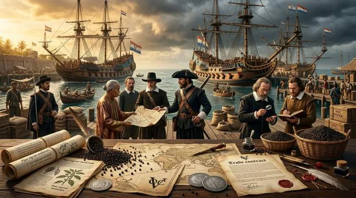 VOC schip geladen met peper en specerijen voor handel in de Indische archipel
