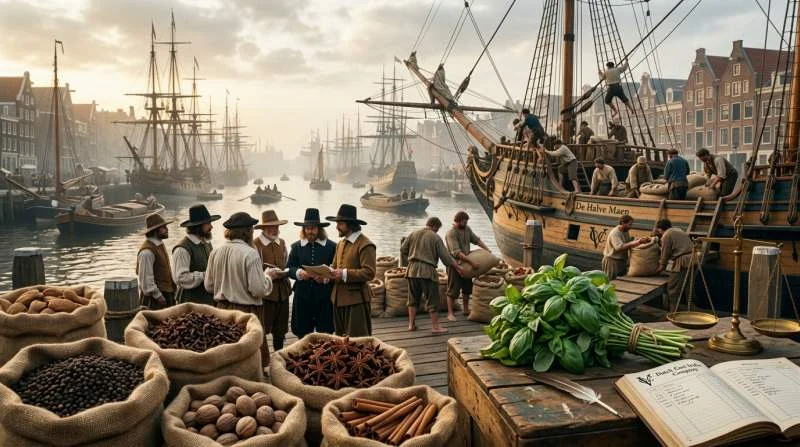 17e-eeuwse haven met VOC-schepen en juten zakken specerijen, waaronder basilicum