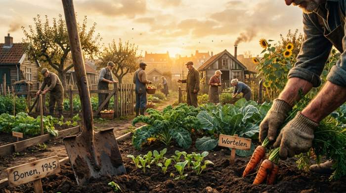 Nederlandse volkstuin met verse oogst en jonge spruiten