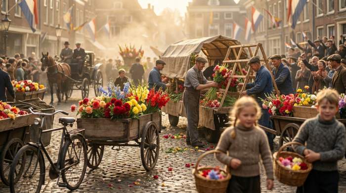 Vroege bloemenwagens in Nederlands dorp