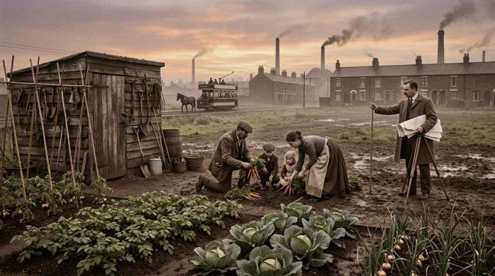 Grootouders en kinderen planten groenten in een volkstuin
