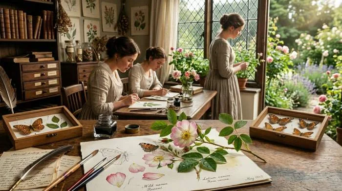 Vrouwen bestuderen bloemen en insecten