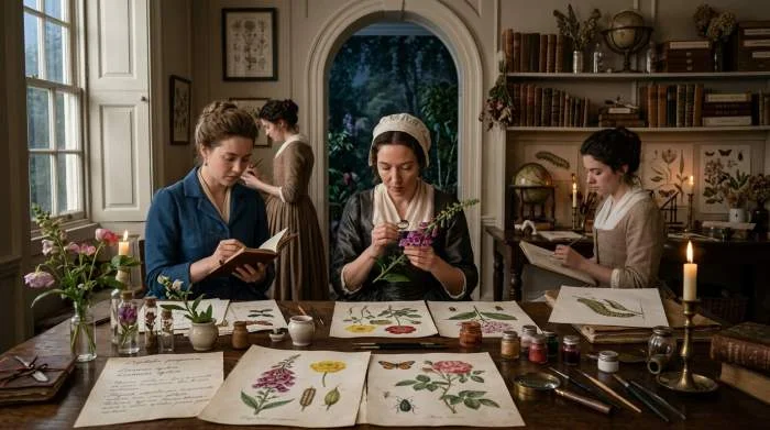 Vrouwen tekenen botanische studies